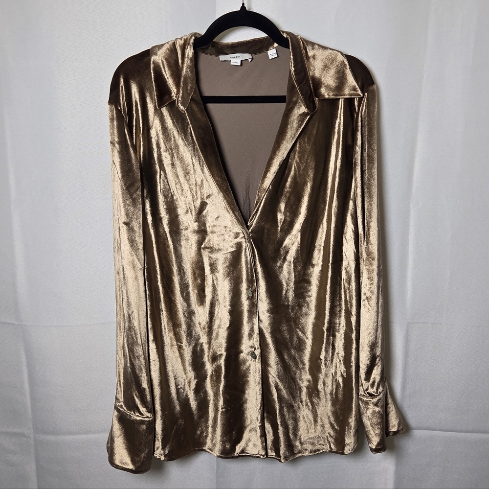 Vince Bias Long Sleeve Shirt Gold Velour Button Down Blouse Women's Size 1X - Picture 9 of 9